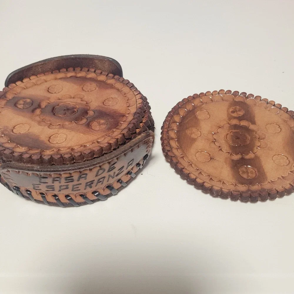 Casa De Esperanza Hand Tooled Leather Coaster Set 6 Piece Brown Floral Rustic